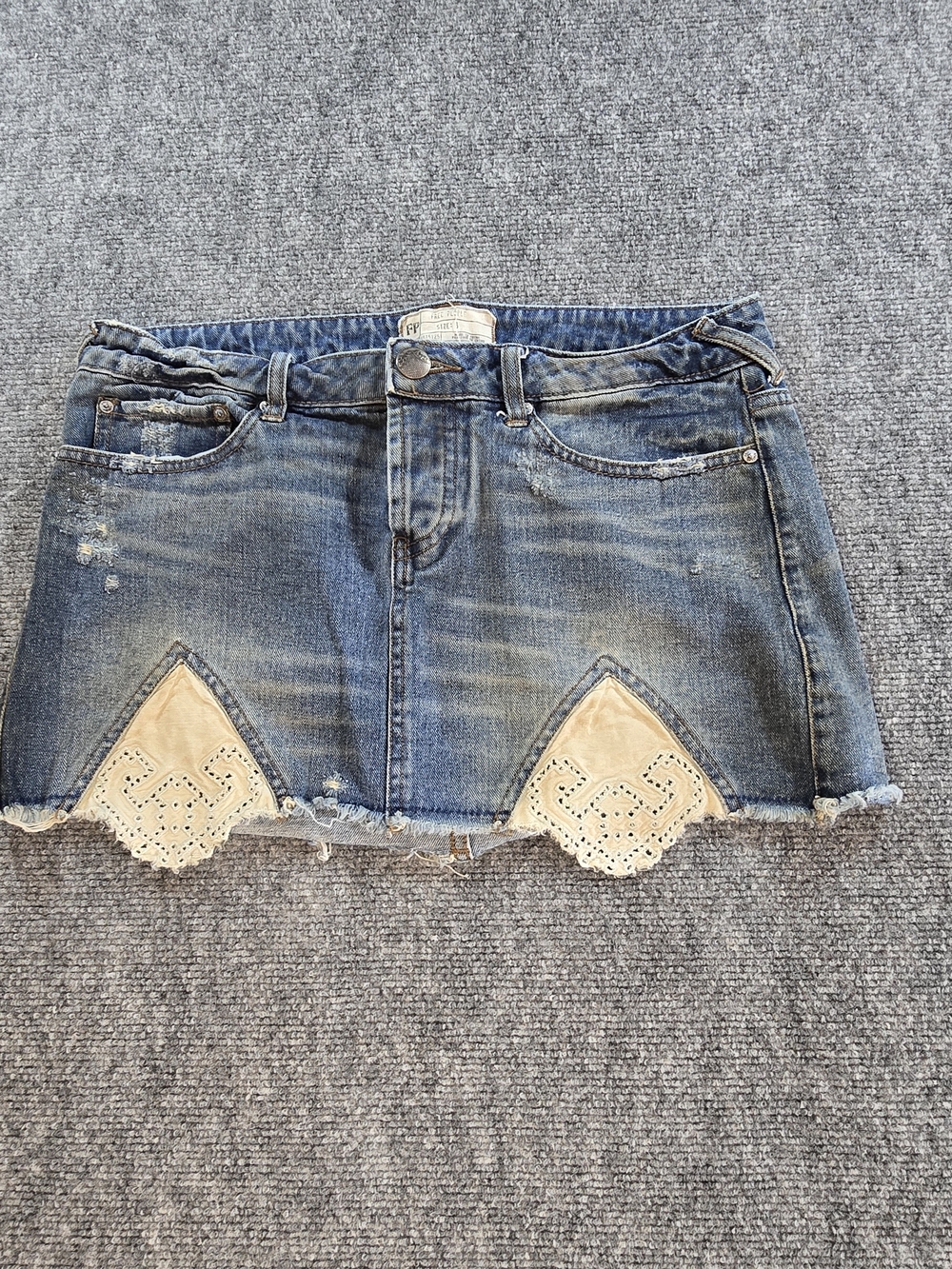 Free People Denim Mini Skirt Womens 6 Blue Lace Inset Boho Festival